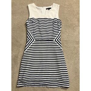 C. Luce Striped Dress Sleeveless‎ White Navy Blue Fitted Casual Size S